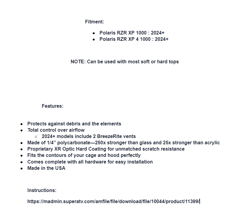 SuperATV Scratch Resistant Full Vented Windshield For Polaris RZR XP 1000 2024+ - Image 6