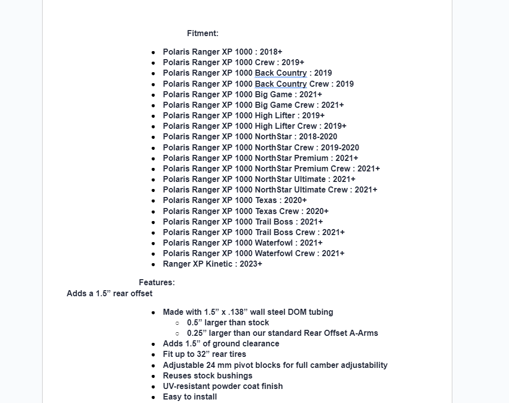 SuperATV Atlas Pro 1.5" Rear Offset A-arms For Polaris Ranger XP / Kinetic - Image 6