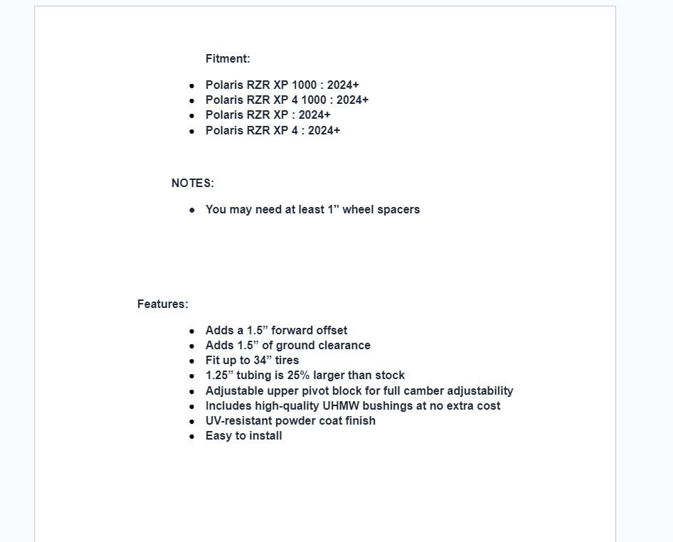 SuperATV High Clearance 1.5" Forward A-arms w/ Ball Joints For Polaris RZR XP - Image 4