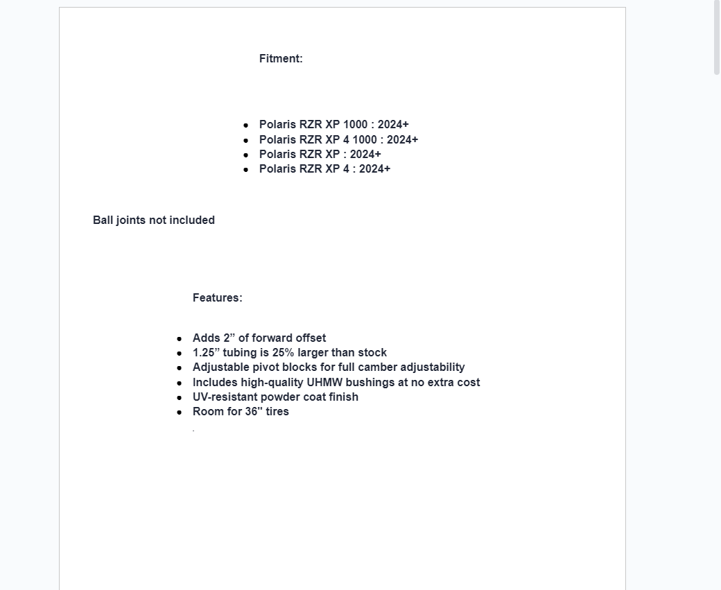 SuperATV High Clearance 2" Forward A-Arms For Polaris RZR XP 1000 2024+ - Image 6