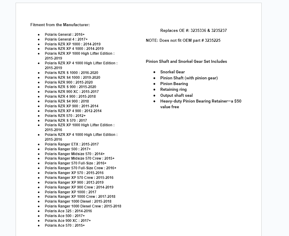 SuperATV Pinion Shaft And Snorkel Gear Kit For Polaris Ranger/General/RZR/Ace - Image 6