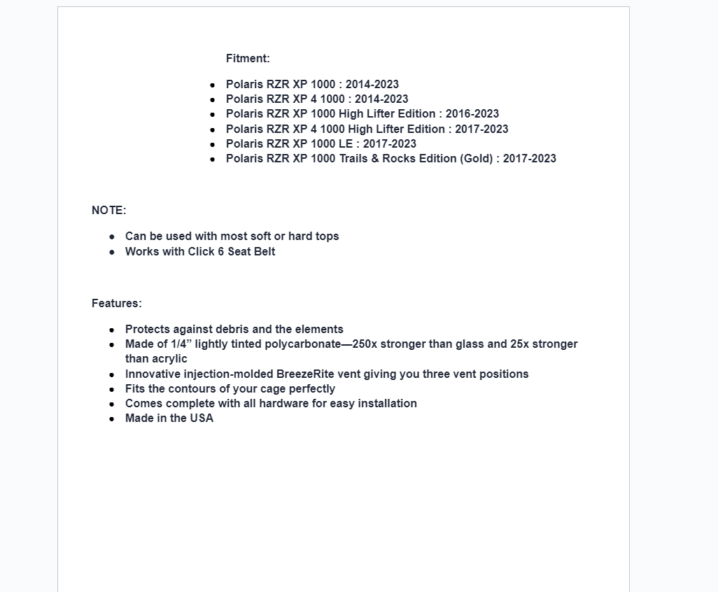 SuperATV Rear Vented Windshield For Polaris RZR XP 1000 2014-2023 - Image 7