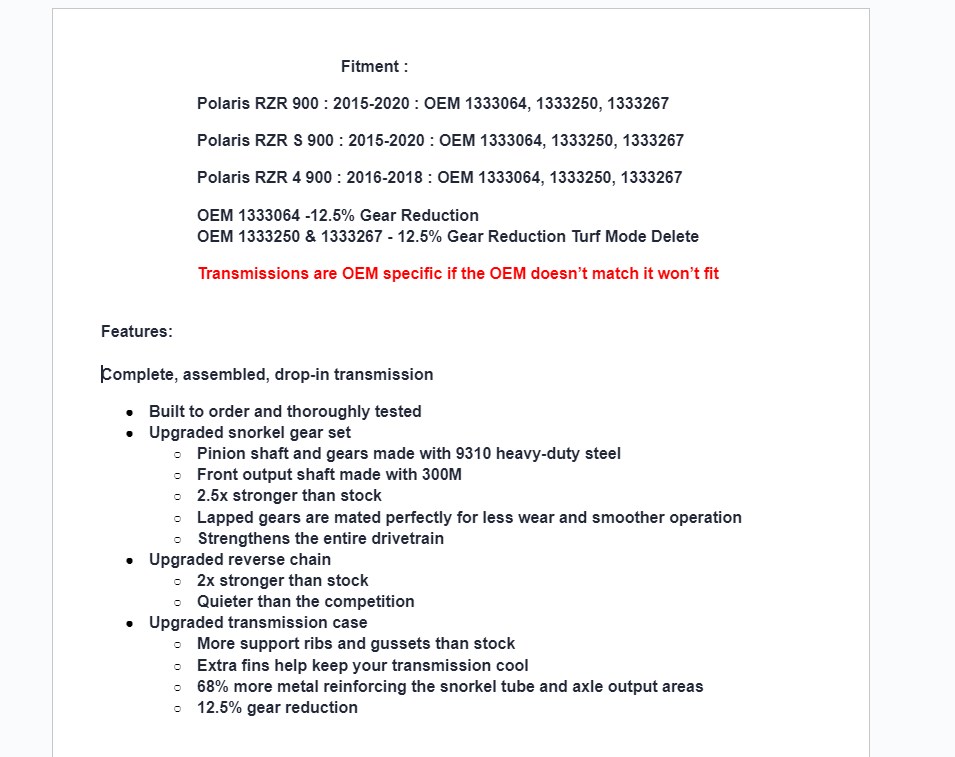 SuperATV HD Complete Transmission For Polaris RZR 900 (1333064, 1333250, 1333267) - Image 10