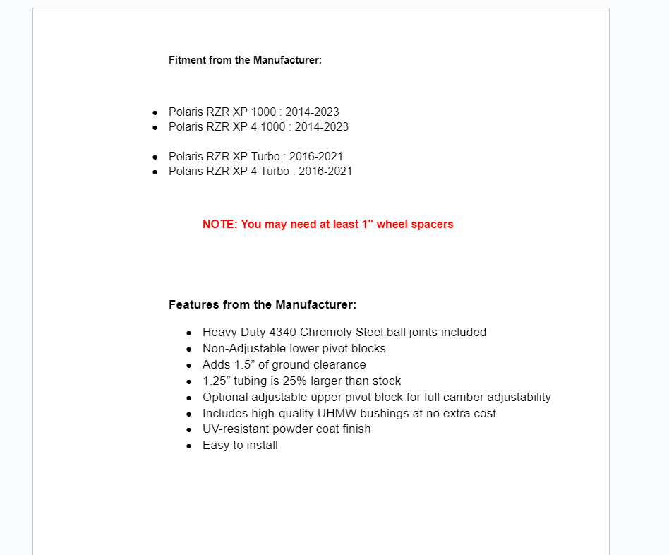 SuperATV High Clearance A-Arms w/ Ball Joints For Polaris RZR XP 1000 / XP Turbo - Image 4