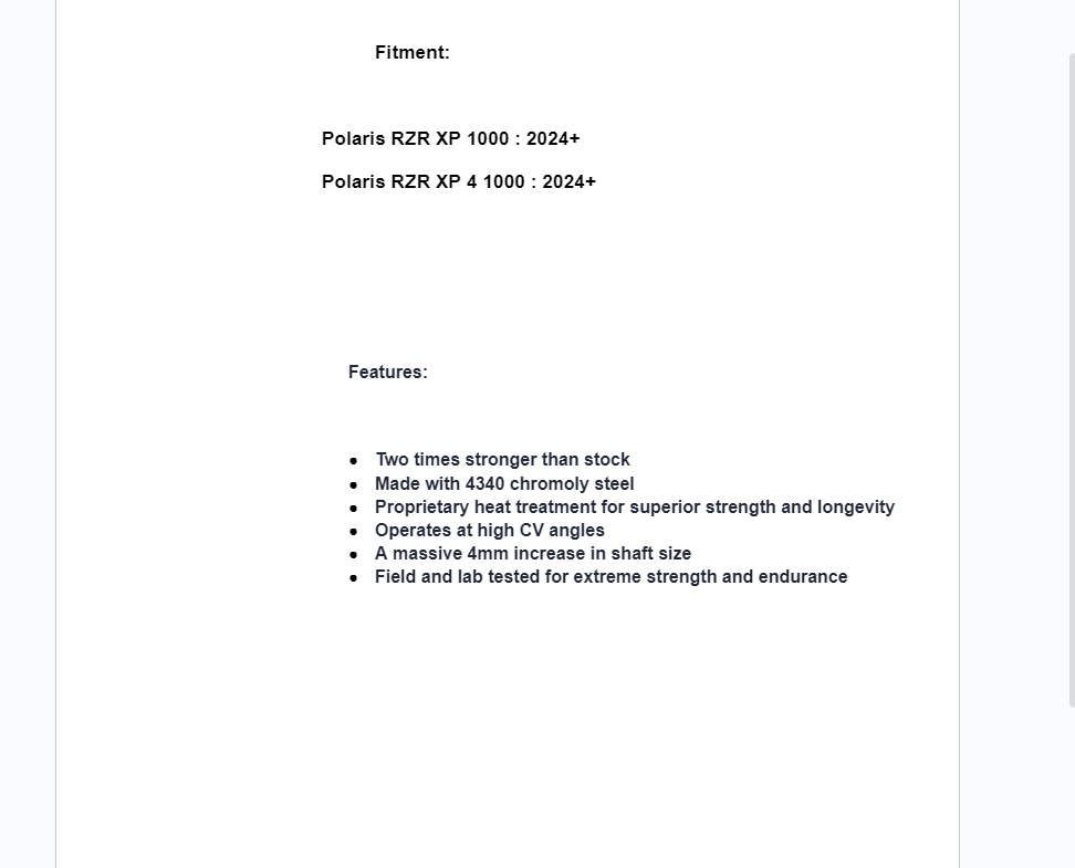 SuperATV Rhino 2.0 Front Axle For Polaris RZR XP 1000/ XP 4 1000 2024+ - Image 4