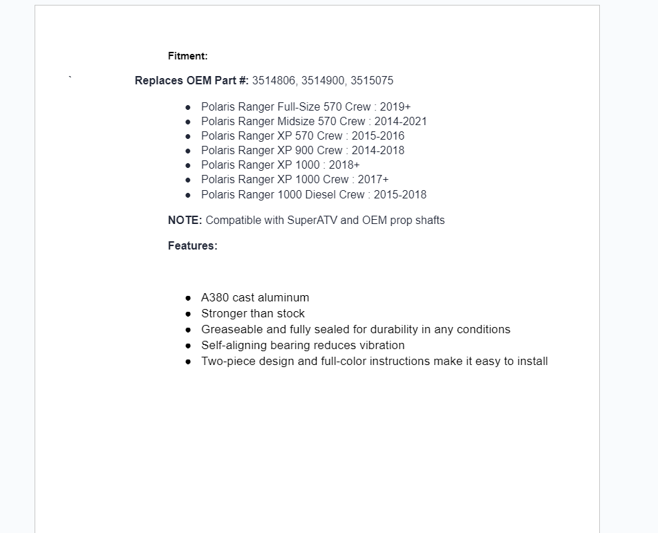 SuperATV Heavy Duty Cast Carrier Bearing For Polaris Ranger - Image 2