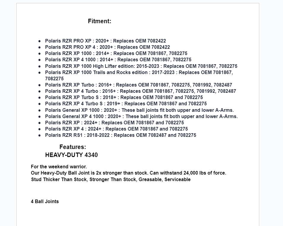 SuperATV 4 Heavy Duty 4340 Chromoly Steel Ball Joints For Polaris RZR XP/ Gen XP - Image 3