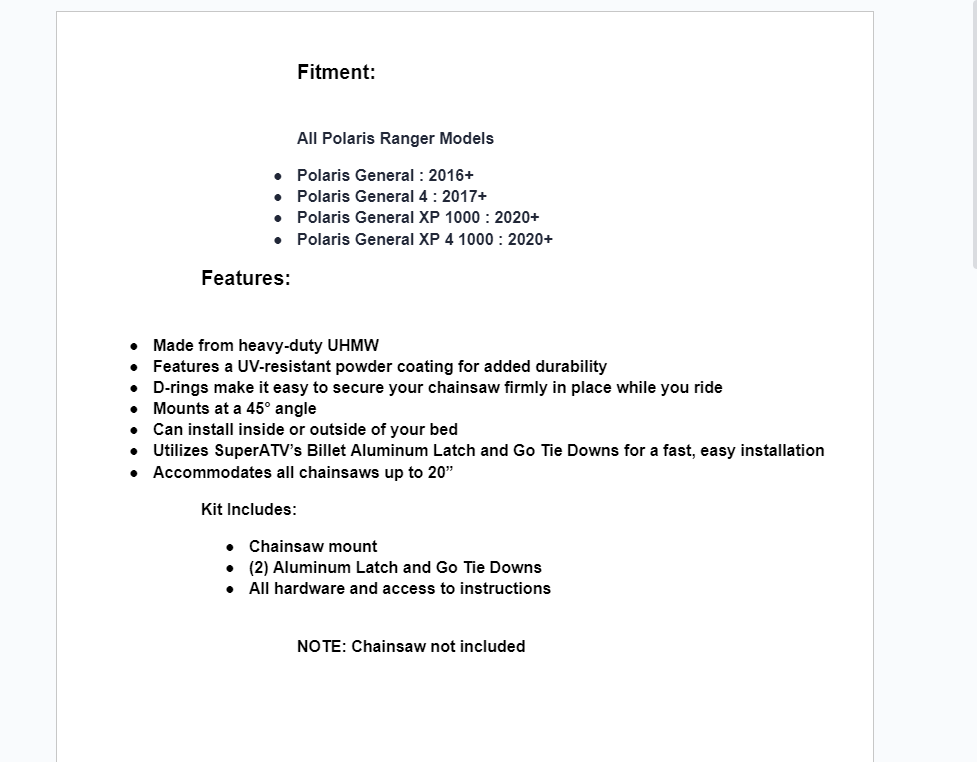 SuperATV Chainsaw Mount For Polaris Ranger / Polaris General - Image 6