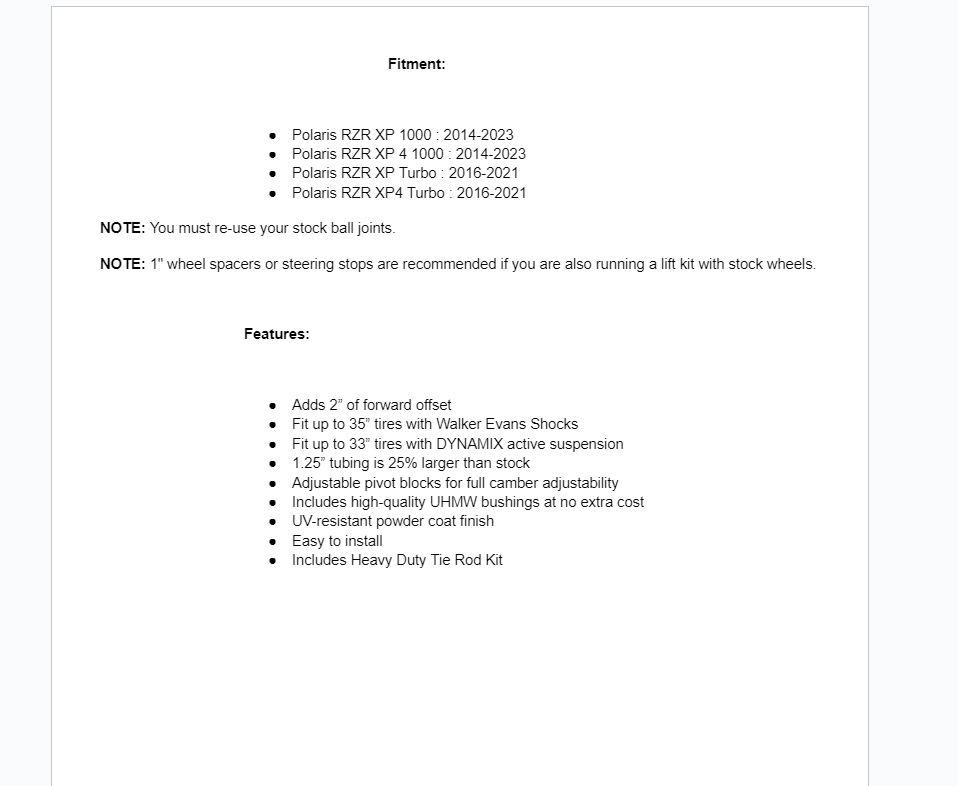 SuperATV High Clearance 2" Forward Offset A-Arms For Polaris RZR XP 1000/ Turbo - Image 6