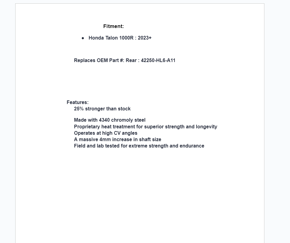 SuperATV Rhino2.0 Heavy Duty Rear Axle For Honda Talon 1000R 2023+(42250-HL6-A11) - Image 7