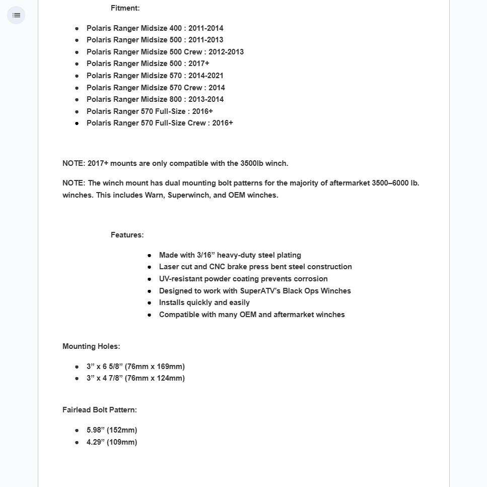 SuperATV Winch Mounting Plate For Polaris Ranger Midsize 400-800& Full Size 570 - Image 3