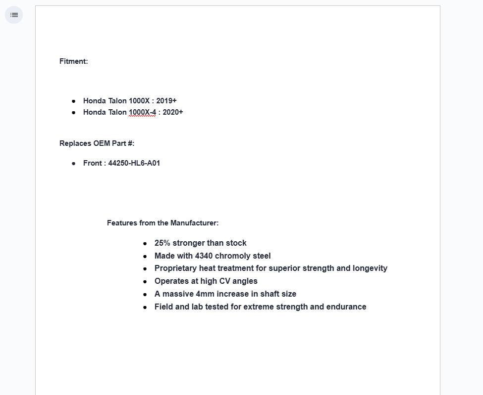 SuperATV Rhino 2.0 Heavy Duty Front Axle For Honda Talon 1000X (44250-HL6-A01) - Image 7