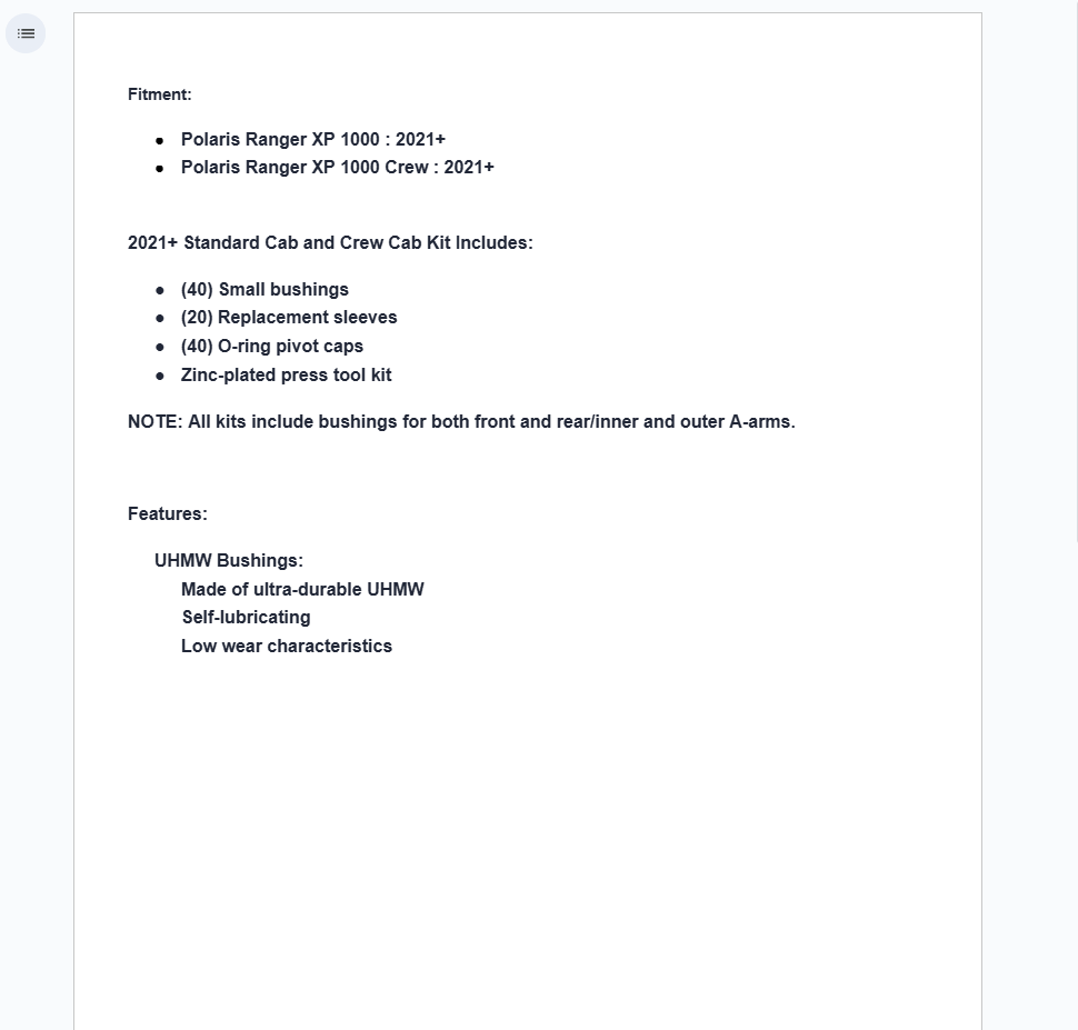 SuperATV UHMW A-Arm Bushings For Stock Polaris Ranger XP 1000 2021+ - Image 2
