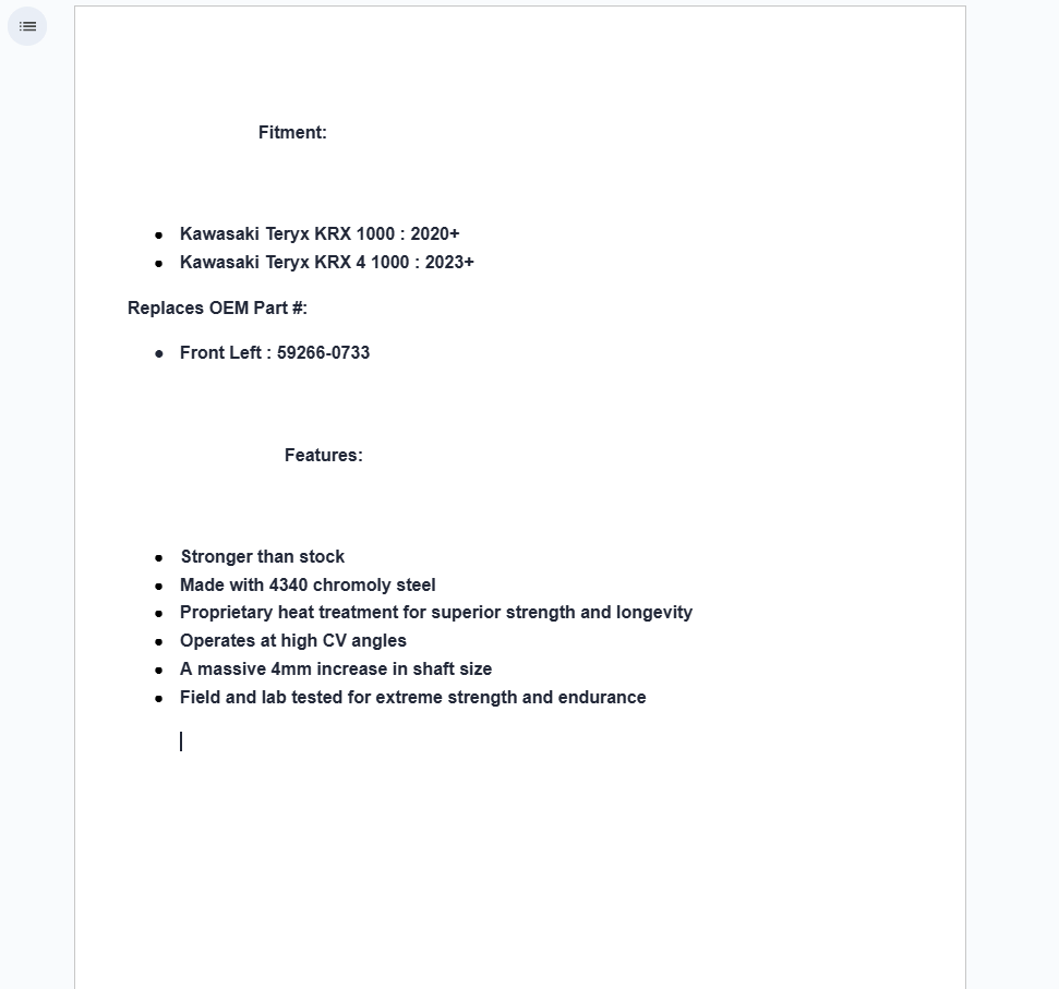 SuperATV Rhino 2.0 Front Left Axle For Kawasaki Teryx KRX 1000 (59266-0733) - Image 3