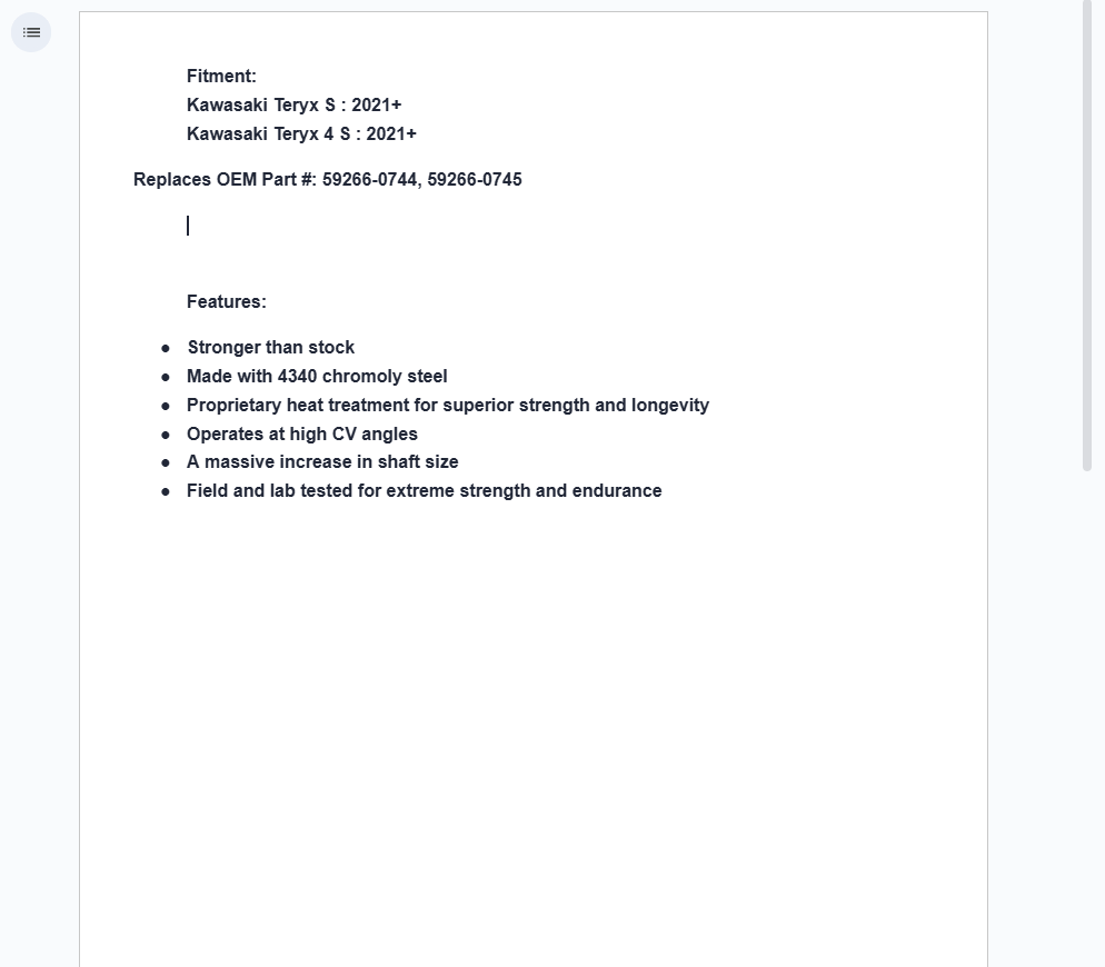 SuperATV Rhino 2.0 Front Left Axle For Kawasaki Teryx S 2021+ - Image 6